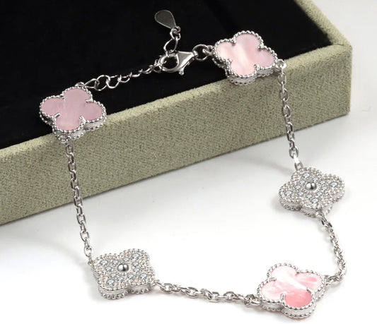 Clover Bracelet (pink diamond & silver)